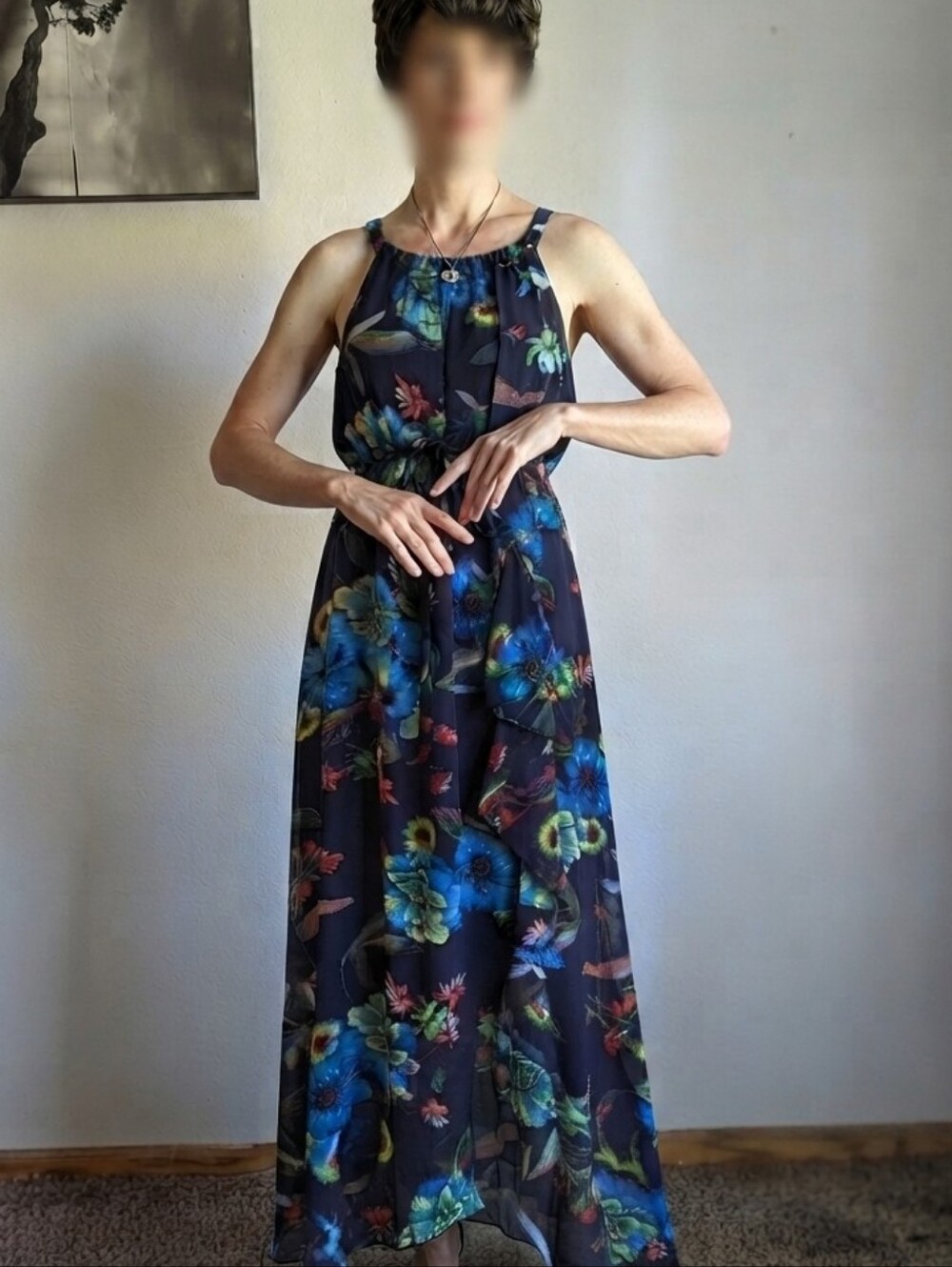 NWT Madison Leigh Floral Halter Maxi Dress Size 12 Navy Blue Ruffle High Low